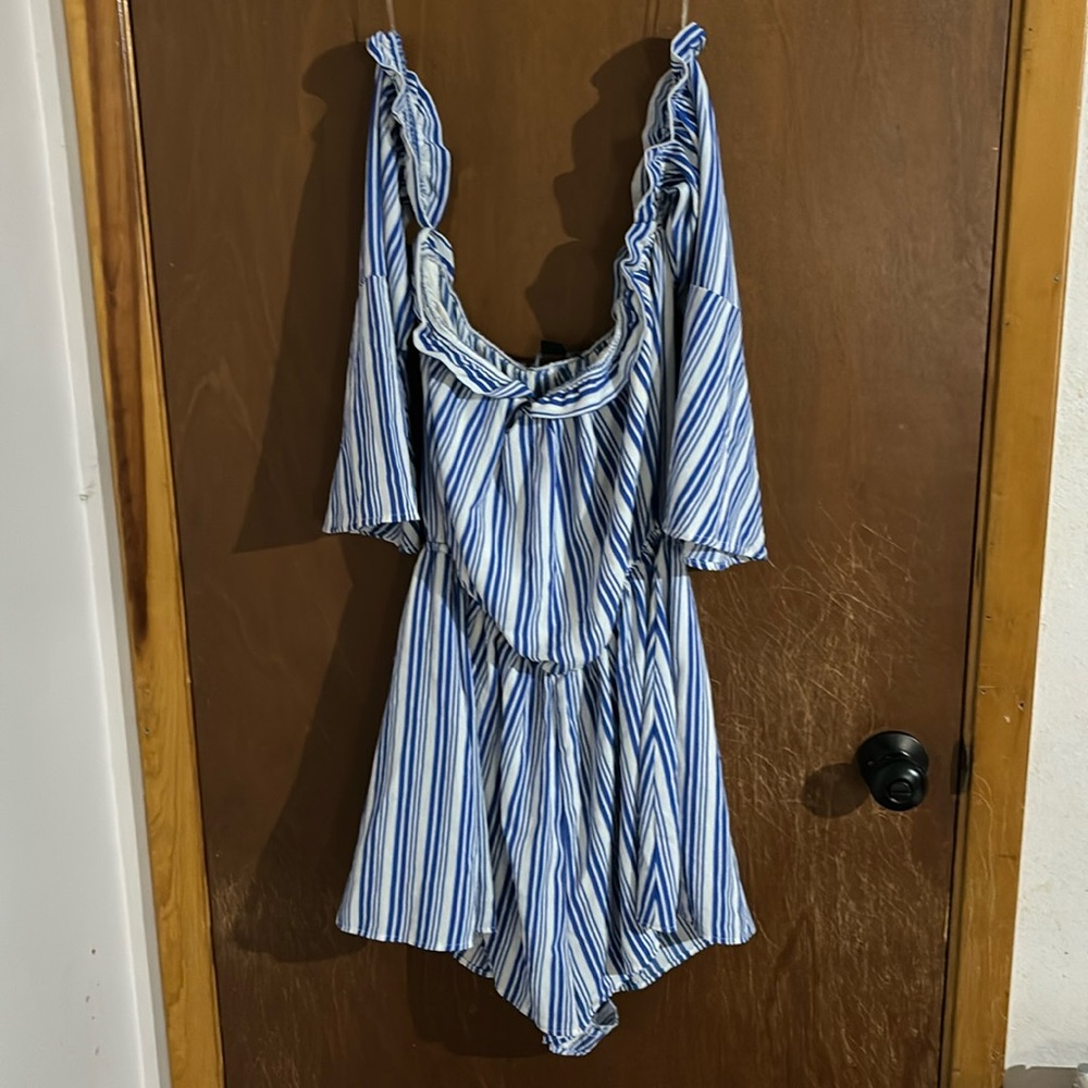 Blue and white off the shoulder romper